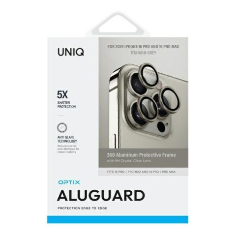 UNIQ Optix Aluminium Camera Lens Protector iPhone 16 Pro 6.3" / 16 Pro Max 6.9" titanium grey szkło na obiektyw aparatu z aplika