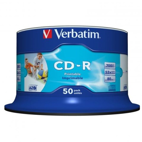 Verbatim CD-R, 43438, AZO Wide Inkjet Printable - No ID Branded, 50-pack, 700MB, 52x, 80min., 12cm, spindle, do archiwizacji dan
