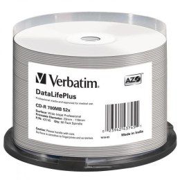 Verbatim CD-R, 43745, DataLifePlus Wide Inkjet Printable, 50-pack, 700MB, 52X, 80min., 12cm, spindle, do archiwizacji danych