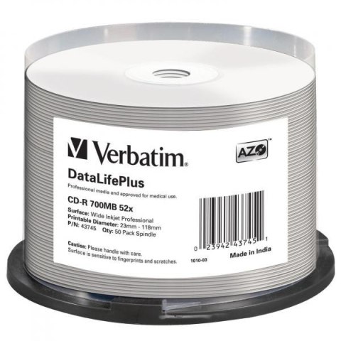 Verbatim CD-R, 43745, DataLifePlus Wide Inkjet Printable, 50-pack, 700MB, 52X, 80min., 12cm, spindle, do archiwizacji danych