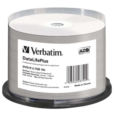 Verbatim DVD-R, DataLifePlus Wide Inkjetr Printable, 43744, 4.7GB, 16X, cake box, 50-pack, 12cm, do archiwizacji danych