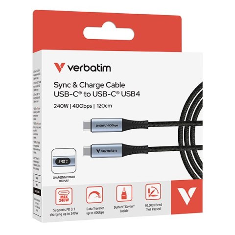 Verbatim USB kabel USB C (M) - USB C (M), 240W, 1.2m, czarny, box, 31849