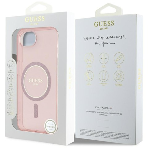 Etui Guess IML Glitter Circle MagSafe do iPhone 16e różowy
