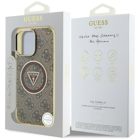 Etui Guess IML Metal Glitter 4G Circle Triangle MagSafe do iPhone 16 Pro brązowy