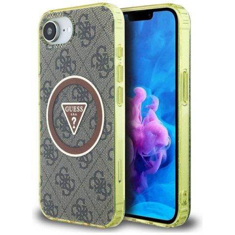 Etui Guess IML Metal Glitter 4G Circle Triangle MagSafe do iPhone 16e brązowy