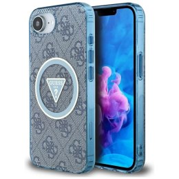 Etui Guess IML Metal Glitter 4G Circle Triangle MagSafe do iPhone 16e niebieski