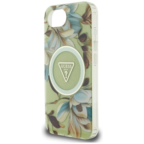 Etui Guess IML Metal Glitter Flowers Triangle MagSafe do iPhone 16e zielony