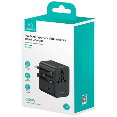 Ładowarka sieciowa USAMS Travel Adapter CC308 USB-C + USB-A 17W 4w1 US/AU/EU/UK czarny