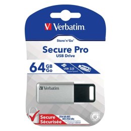 Verbatim USB flash disk, USB 3.0, 64GB, Secure Pro, srebrny, 98666, USB A, szyfrowanie AES 256-bit, wysuwane złącze