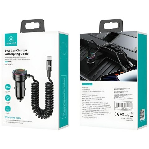USAMS Ład. sam. 2xUSB-C 1xUSB-A C33 60W with spring cable Fast Charge czarny/black CC167CC01 (US-CC167)