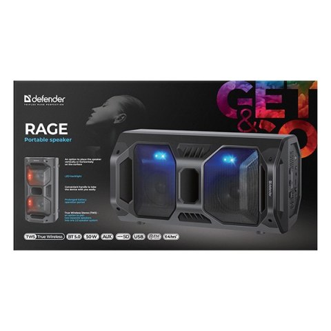 Defender głośnik Rage, Li-Ion, 2.0, 50W, czarny, regulacja głośności, LED, BT 5.0, TWS, pilot w zestawie, 45Hz~22kHz