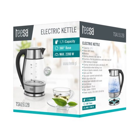 Czajnik elektryczny TEESA, szklany + inox, 2200 W, czarny, 1,7 L