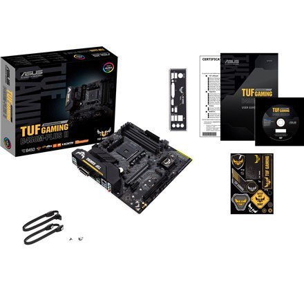 Asus | TUF GAMING B450M-PLUS II | Gniazda pamięci 4 | Liczba złączy SATA 6 x SATA III | Chipset AMD B | Micro ATX | Rodzina proc