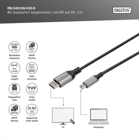 DIGITUS 8K DisplayPort Adapter Cable, Mini DP to DP, 2 m | Digitus