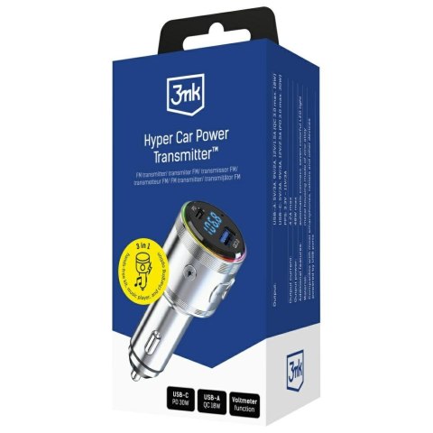 Ładowarka samochodowa 3MK Hyper Car Power Transmitter 48W QC PD PPS USB-C/USB-A z transmiterem audio srebrny