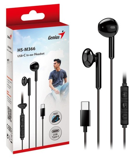 Genius HS-M366, słuchawki z mikrofonem, czarna, 360°obrotowy klips, USB Type-C
