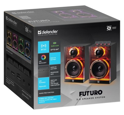 Defender głośniki FUTURO, 2.0, 20W, czarne, AUX/Bluetooth, podświetlenie
