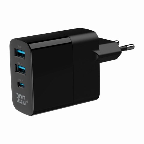GEMBIRD 3-PORTOWA SZYBKA ŁADOWARKA SIECIOWA GAN (PD) USB (2X USB-A + 1X USB TYP-C), 30W, LCD, CZARNA