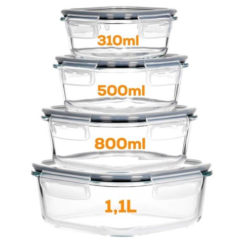 ZESTAW 4 SZKLANYCH POJEMNIKÓW NA ŻYWNOŚĆ Z POKRYWAMI I USZCZELKAMI 229236