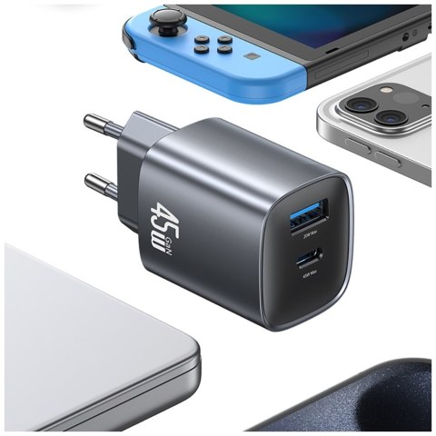 Ładowarka sieciowa USAMS CC290 T66 45W GaN 1xUSB-A 1xUSB-C srebrny