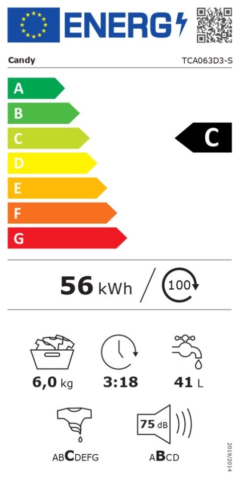 Candy Washing Machine | TCA063D3-S | Energy efficiency class C | Top loading | Washing capacity 6 kg | 1000 RPM | Depth 60 cm | 