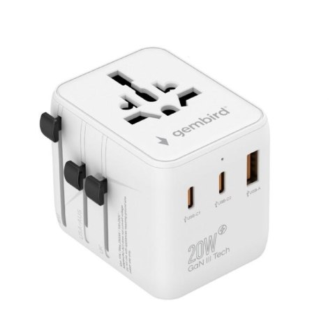 Uniwersalny adapter zasilania Gembird TPA-1A2C20-01-W z ładowarką 2x USB-C, 1x USB-A, 20W Gan biały