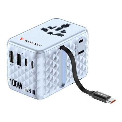 Adapter podróżny Verbatim Charge 'n' Travel GaN III globalny 1xUSB-C PD 3.0 QC 4+ 100W, 2xUSB-C 15W, 1xUSB-A 12W niebieski