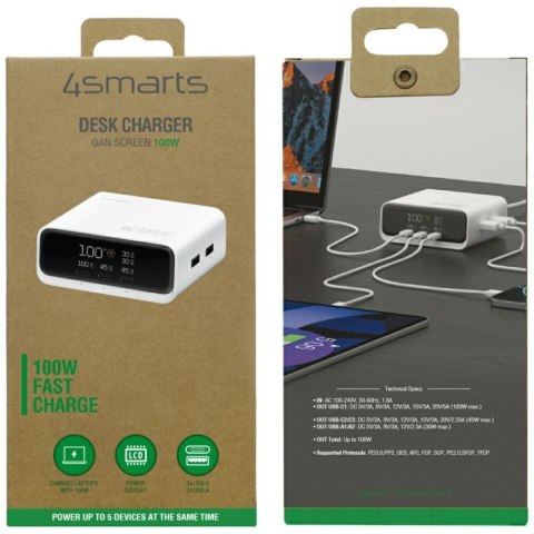 Stacja ładująca 4smarts Desk Charger GaN Screen 100W 3xUSB-C+2xUSB-A biały