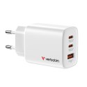 Verbatim Essentials, Ładowarka sieciowa GaN USB-A QC 3.0, 2 USB-C PD 3.0, biała, 65W, wtyczki EU/UK/US/AUS