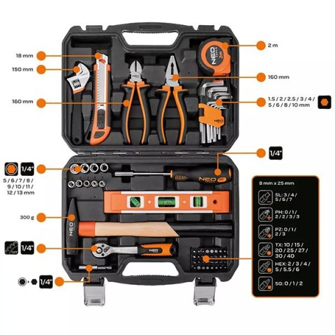 Zestaw narzędzi10-200, 60 szt., rozmiar 1/4, walizka, NEO TOOLS