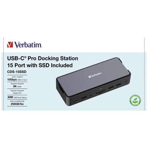 Adapter Verbatim stacja dokująca USB-C Pro 15w1 2xHDMI/1xRJ45/4xUSB-A/3xUSB-C/1xSD/1xmicroSD/1xAudio/1xDisplayPort/1xSSD szary