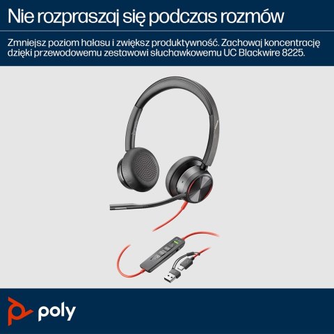POLY Zestaw słuchawkowy Blackwire 8225 Stereo USB-C + przejściówka USB-C/A