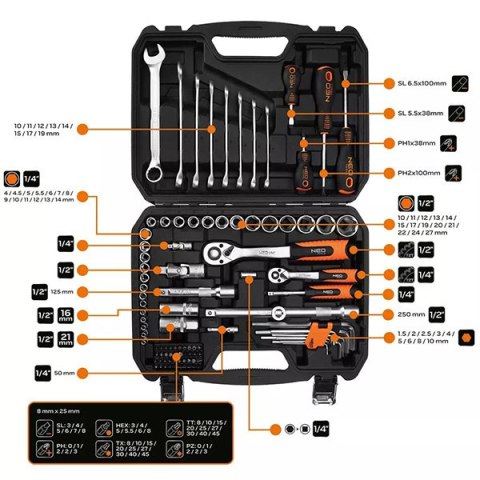Zestaw kluczy nasadowych10-206, 100 szt, rozmiary 1/4 i 1/2, walizka, NEO TOOLS