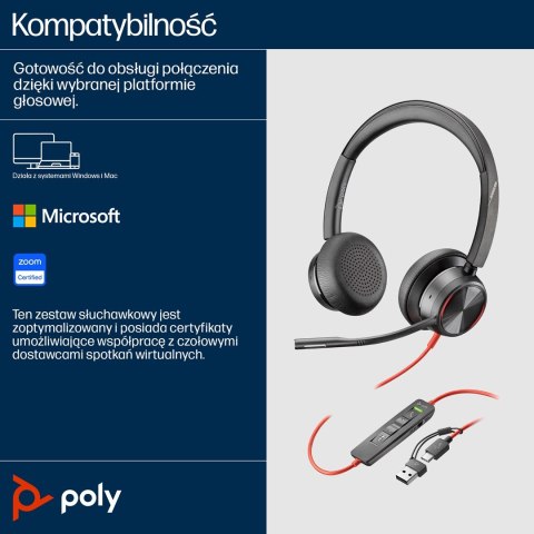 Zestaw słuchawkowy POLY Blackwire 8225 Stereo 8X225AA USB-C z certyfikatem Microsoft Teams + przejściówka USB-C/A