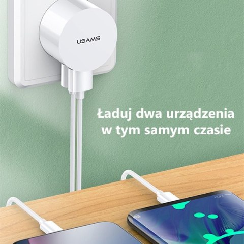 USAMS Ładowarka siec. 2xUSB T20 2,1A USB-C biały/white round Fast Charging XTXLOGT18TC05