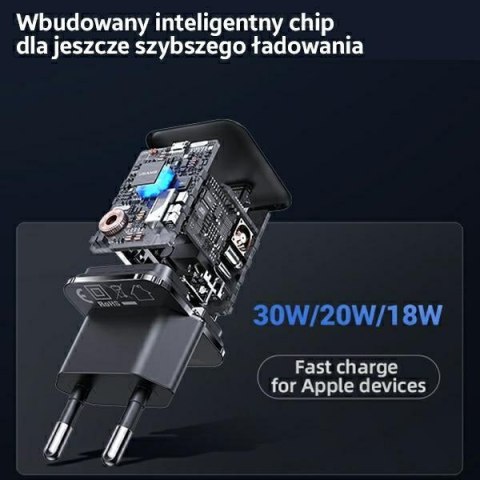 USAMS Ładowarka siec. USB-C T45 30W PD3.0 +QC3.0 Fast Charging +kabel U63 USB-C/Lightning biały/white UXTZH02 (USAMS-UX)