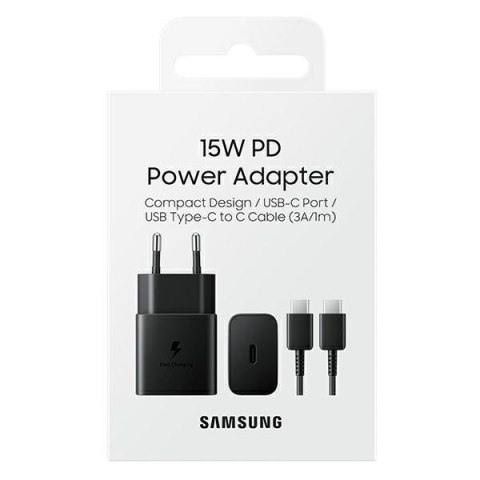 Ład. siec. Samsung EP-T1510XB 15W Fast Charge + kabel USB-C/USB-C czarny/black