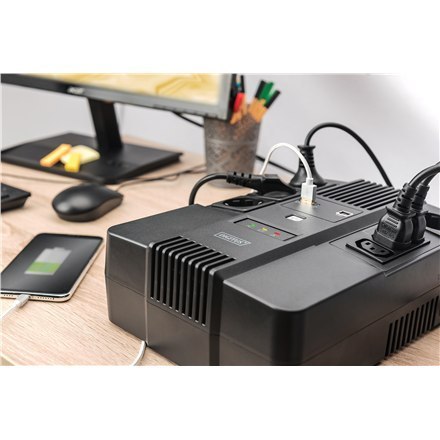 Digitus | UPS All-in-One | UPS All-in-One, 600VA/360W, LED 12V/7Ah x1, 4x CEE 7/7, 3x IEC C13, USB, RJ45 | 600 VA | 360 W | V