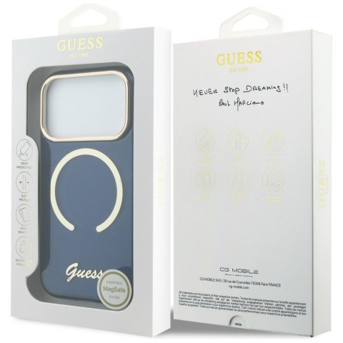 Etui Guess IML Script Metal MagSafe do iPhone 17 Pro niebieski