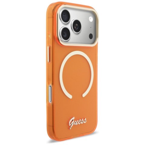Etui Guess IML Script Metal MagSafe do iPhone 17 Pro pomarańczowy