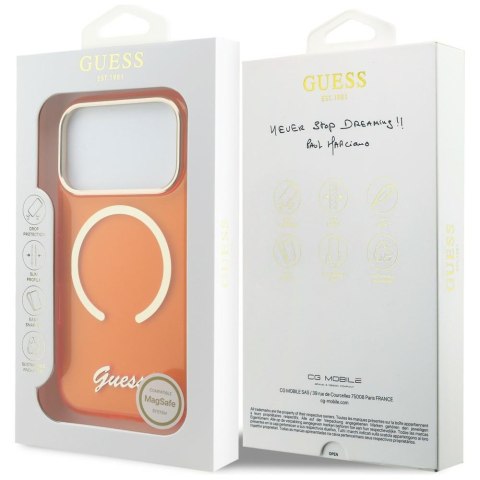 Etui Guess IML Script Metal MagSafe do iPhone 17 Pro pomarańczowy