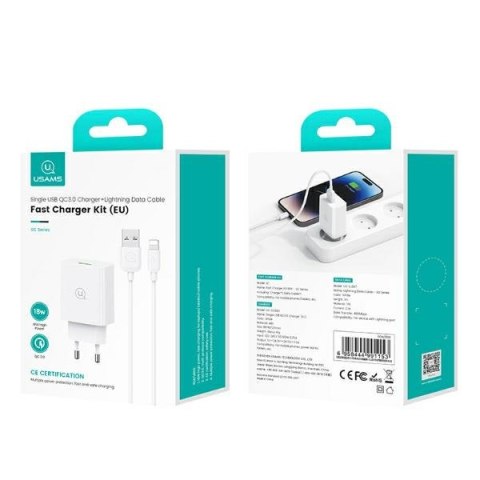 USAMS Ład. siec. 18W + kabel Lightning/USB-A Fast Charging biały/white series SC SCXLTZ03
