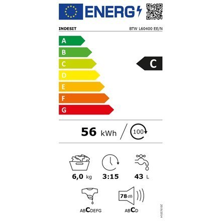 INDESIT | BTW L60400 EE/N | Washing machine | Energy efficiency class C | Top loading | Washing capacity 6 kg | 951 RPM | Depth