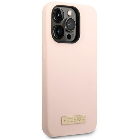 Guess GUHMP14LSBPLP iPhone 14 Pro 6,1" różowy/pink hard case Silicone Logo Plate MagSafe