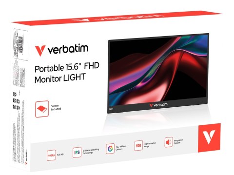 Verbatim Portable 15.6" FHD Monitor LIGHT Przenośny monitor Czarny 39,6 cm (15.6") LCD 1920 x 1080 px