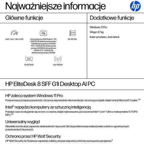 HP EliteDesk 8 SFF G1i AI Intel Core Ultra 5 235 16 GB DDR5-SDRAM 512 GB SSD Windows 11 Pro PC AI PC Czarny