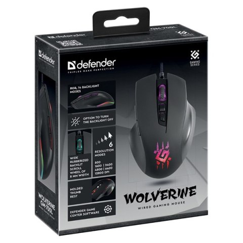 Defender Mysz Wolverine GM-700L RGB, 12800DPI, optyczna, 6kl., przewodowa USB, czarna, do gry, podświetlona