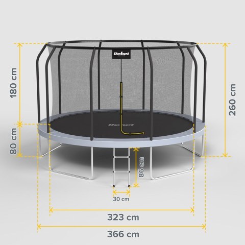 REBEL ACTIVE TRAMPOLINA PRO 12FT/366CM, SIATKA, DRABINKA RBA-8003