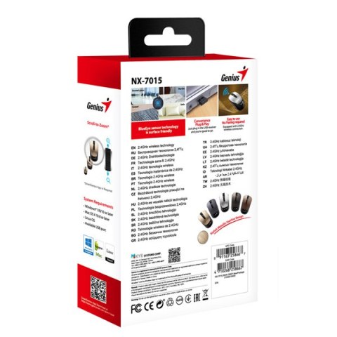 Genius Mysz NX-7015, 1600DPI, 2.4 [GHz], optyczna, 3kl., bezprzewodowa, czekoladowy, 1 szt AA, Blue-eye sensor