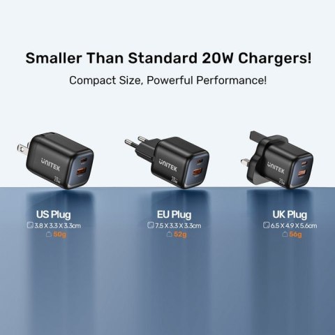 UNITEK ŁADOWARKA SIECIOWA 2X GAN USB-C & USB-A 20W CZARNA